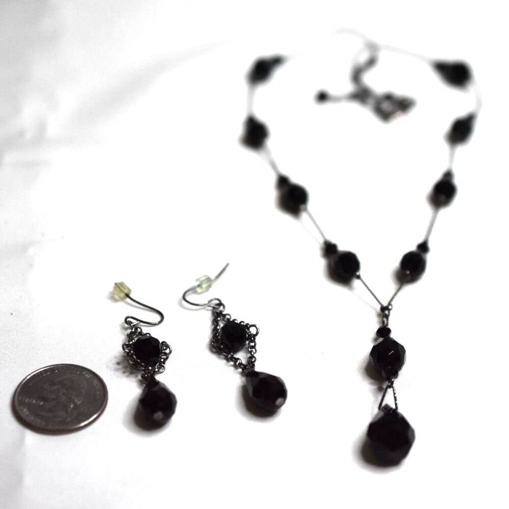Vtg Black Metal Chain Crystal Beads Hook Earrings Y-Drop 17" Necklace